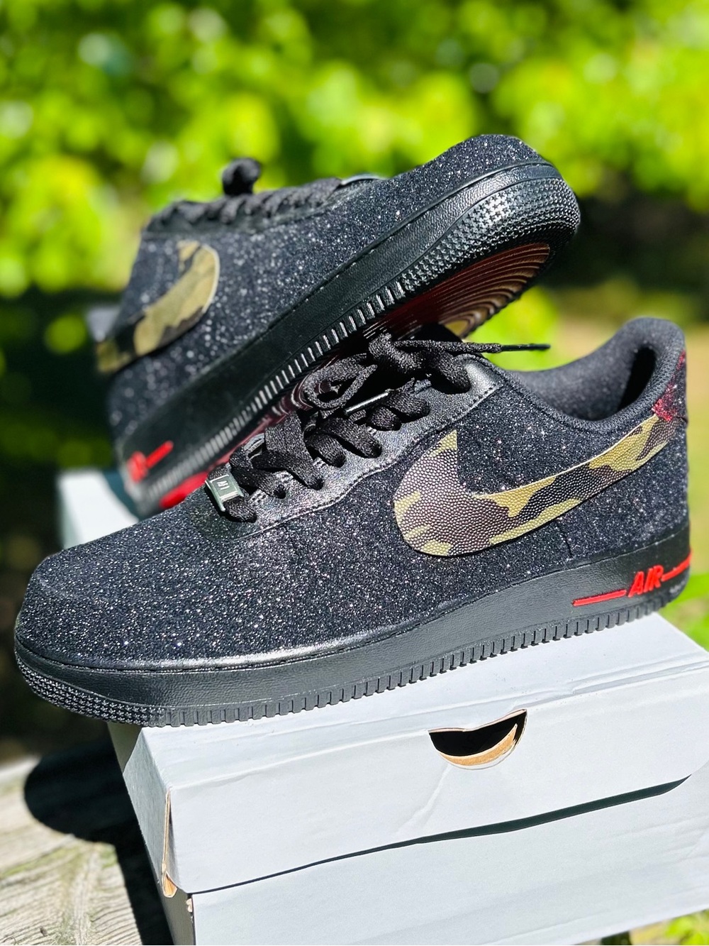 CUSTOM Nike AF1 Low Top Men’s 11 Black Glitter Camo Swoosh Red Bottom NEW W BOX